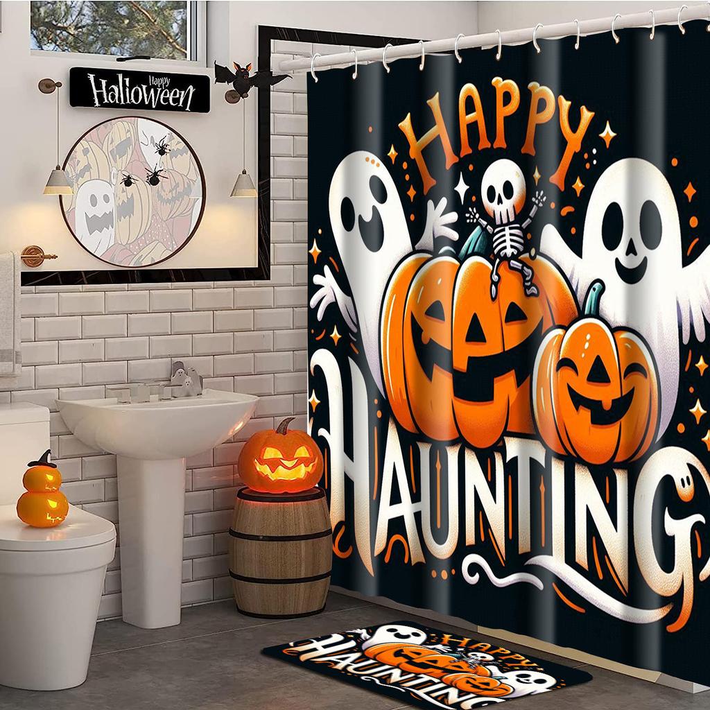 2025 Halloween ghost costumes Pattern Bathroom Shower Curtain With 12 Hooks Home bathroom decor and accessories