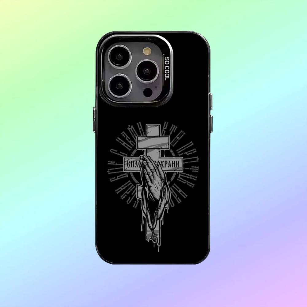 O-Orthodox Cross Icon Phone Case For iPhone17,16,15,14,13,12,11 Lens Border Silver Plated Cover Candy Matte Cover