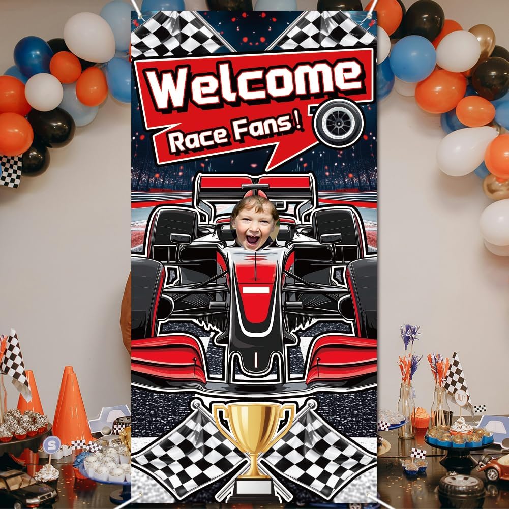 WADORN Welcome Race Fans Background Photo Door Banner for Party Decor, 5.9x2.9ft Racing Car Theme Photo Door Backdrop Props Decor Large Fabric Fun