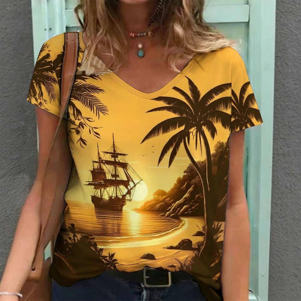 Women Print V Neck Short Sleeve Casual Loose Tunic Tops
