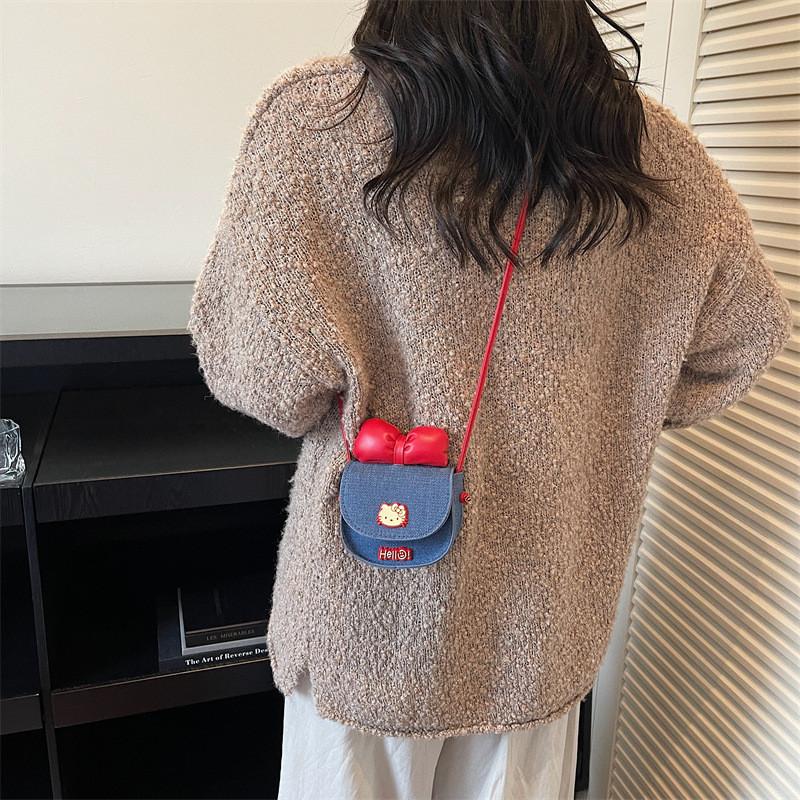 Hello Kitty Denim Butterfly Knot Bag Small Crossbody For Casual Street Style Womens Fashion