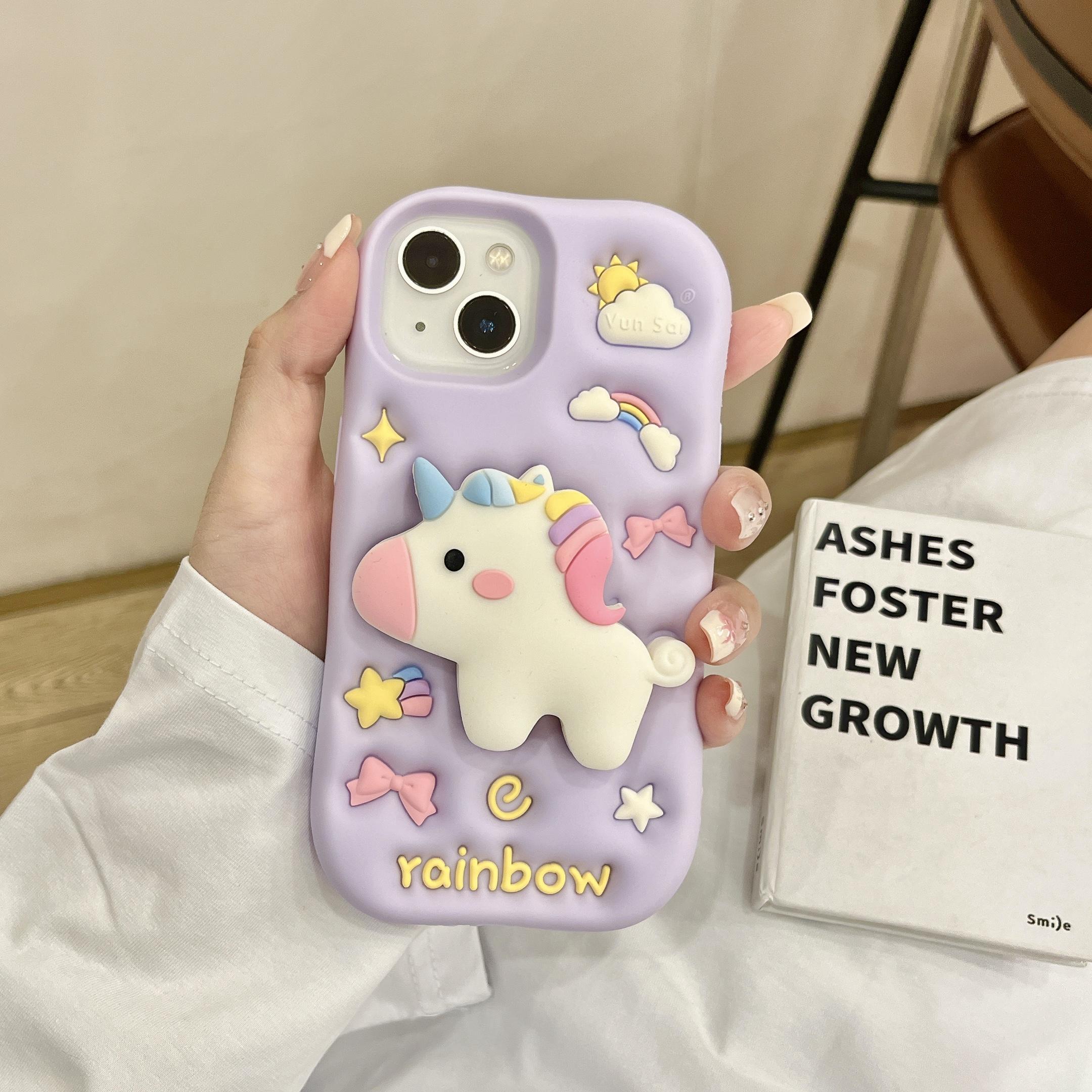 

3D Unicorn Folding Stand Phone Holder Case For iPhone 17 16 15 14 13 12 Pro Max 16pro 15pro 17pro Soft Silicone Cartoon Cover iPhone-17 Pro