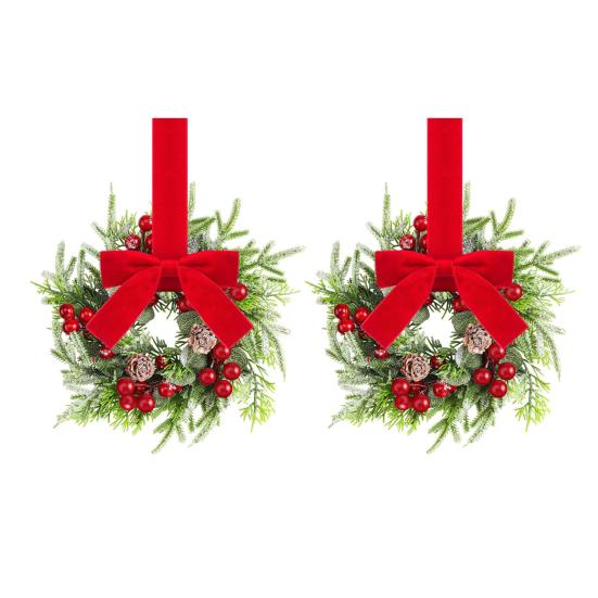 

Christmas Mini Cabinet Wreaths Artificial Norfolk Pine Wreath with Ribbon Bows Red Berry Pinecones Small Kitchen Wreath for Window 2pcs