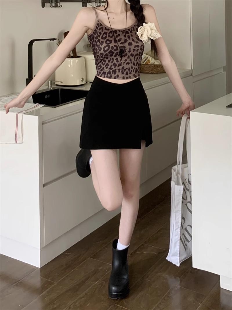 

2024 Autumn Plus Size High Waist A-Line Bodycon Slit Skirt S чёрный