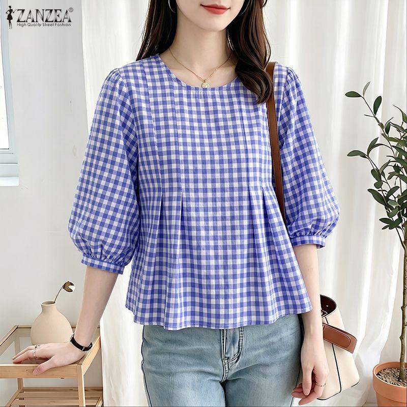 ZANZEA Women Grid Print Casual Round Neck 3/4 Sleeve Blouse