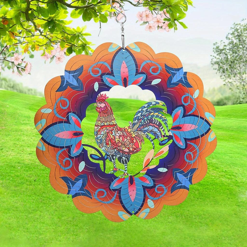 Wind Rotator 12 Inch 3D Stainless Steel Flower Rooster Design Metal Art Geometric Pattern Suspension Kinetic Energy Courtyard Garden Decoration