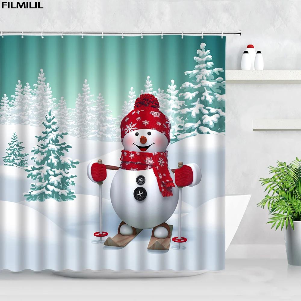 Funny Christmas Snowman Shower Curtains Skiing Winter Forest Color Xmas Ball Gift New Year Bathroom Decor Bath Curtain Set Hooks