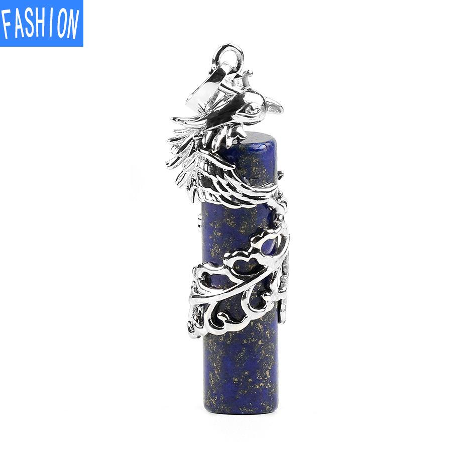 Creative Mascot Wrapped Natural Stone Cylindrical Pendant And Pink Crystal Necklace