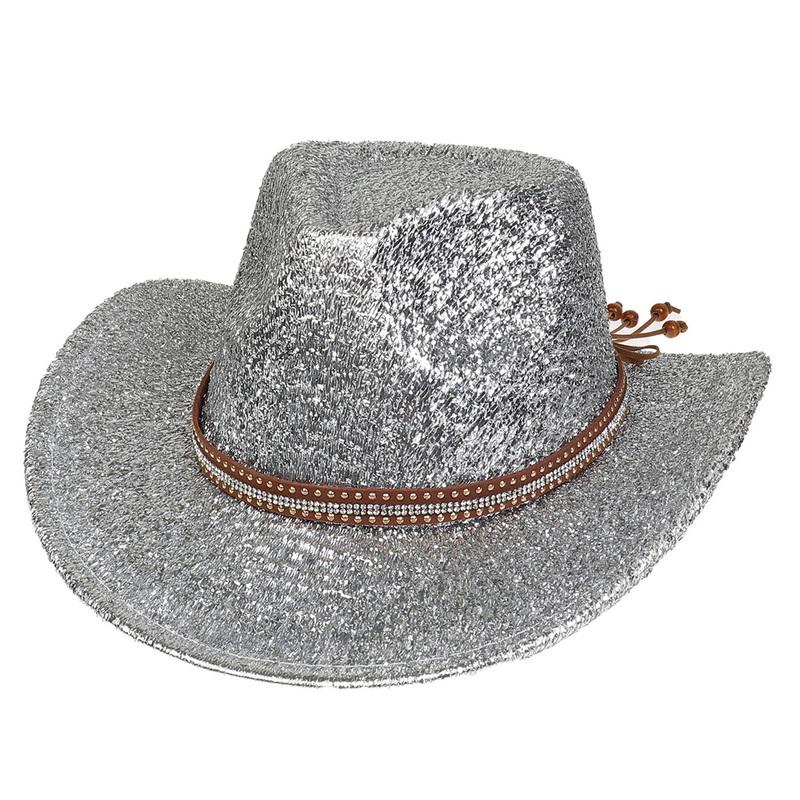 Glitzerndes Cowboyhut Unisex Westernstil Breiter Rand Fedora Hut für Party Festival Cosplay