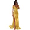 New Women's Off Shoulder Sequin Evening Dress High Slit Bodycon Maxi Party Gown for Formal Cocktail Prom Wedding Guest Events