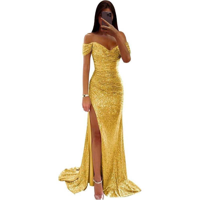 New Women's Off Shoulder Sequin Evening Dress High Slit Bodycon Maxi Party Gown for Formal Cocktail Prom Wedding Guest Events