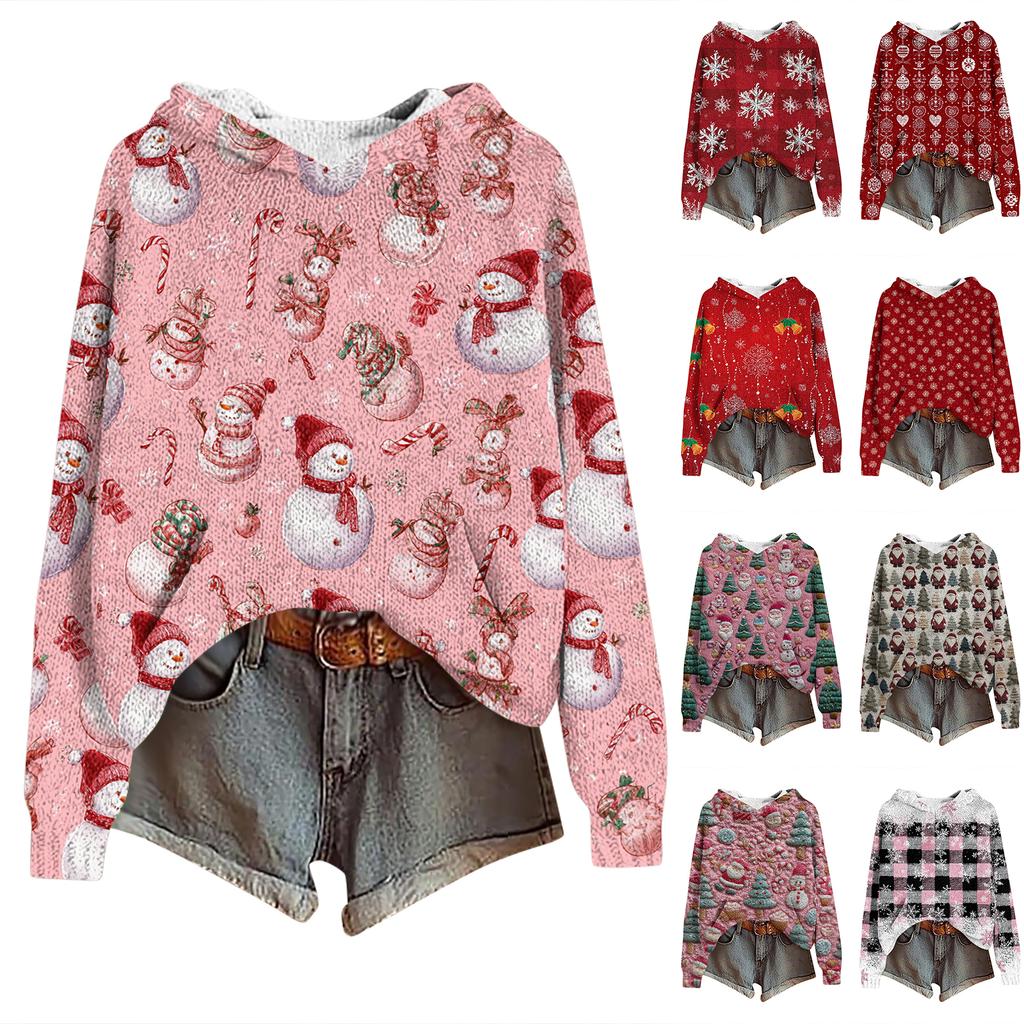 Women's Fashion Casual Long Sleeve Christmas Print Hooded Knitted Sweatshirt
