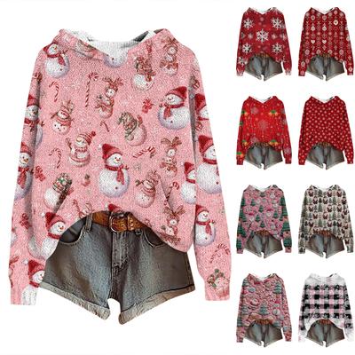 Women's Fashion Casual Long Sleeve Christmas Print Hooded Knitted Sweatshirt
