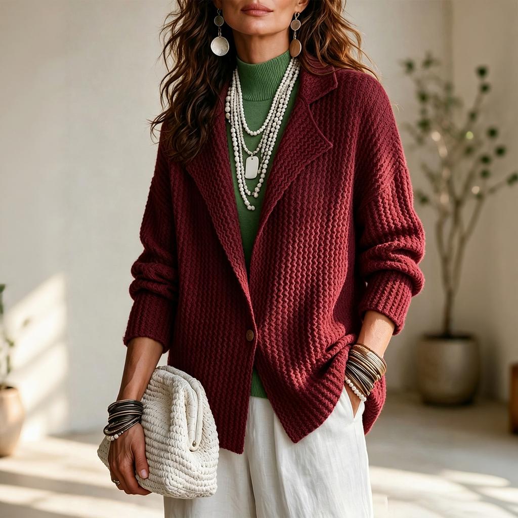 Women's Fashion Color Lapel Collar Long Sleeve Button Down Knit Cardigan Sweater Jacket Loose Fit Drop Shoulder