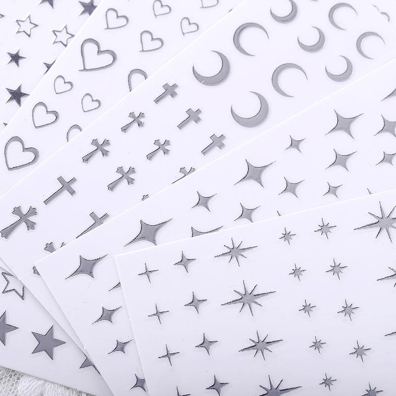 Liquid Metal Silver Series Nail Art Sticker Pentagram Moon Quadrangram Sticker Nail Art Comes With Background Nail Sticker