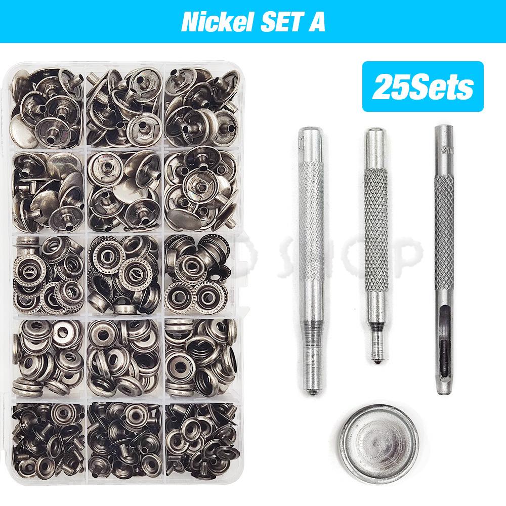 25Sets Metal Snaps Button Snap Fasteners Press Studs With 4 Installation Tools Kit For Clothes Garment Bags Shoes Leathercraft
