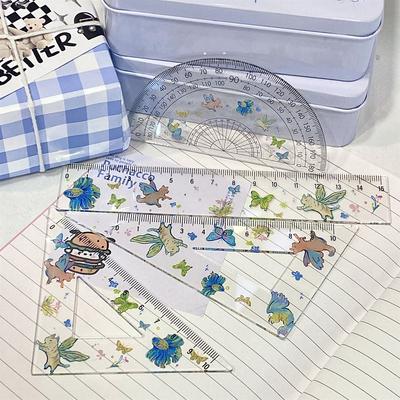 15cm Color New Wings Kitten Ruler Four-piece Transparent Ruler High Value Ins Student Ruler Office Supplies Student Stationery Set