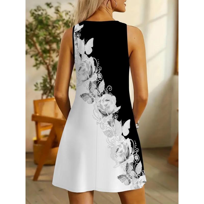Women's Elegant Floral Print Slim Fit Dress - Knitted Fabric Polyester 100%- Summer Round Neck Sleeveless Dress - Middle Eastern Style Adult Fashion