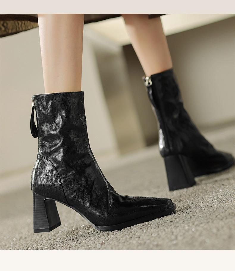 Retro Hand-scratched Square Head Thick Heel Fashion Short Boots Women's 2024 Autumn and Winter Soft Leather High-heeled Martin Boots Versatile Fashion