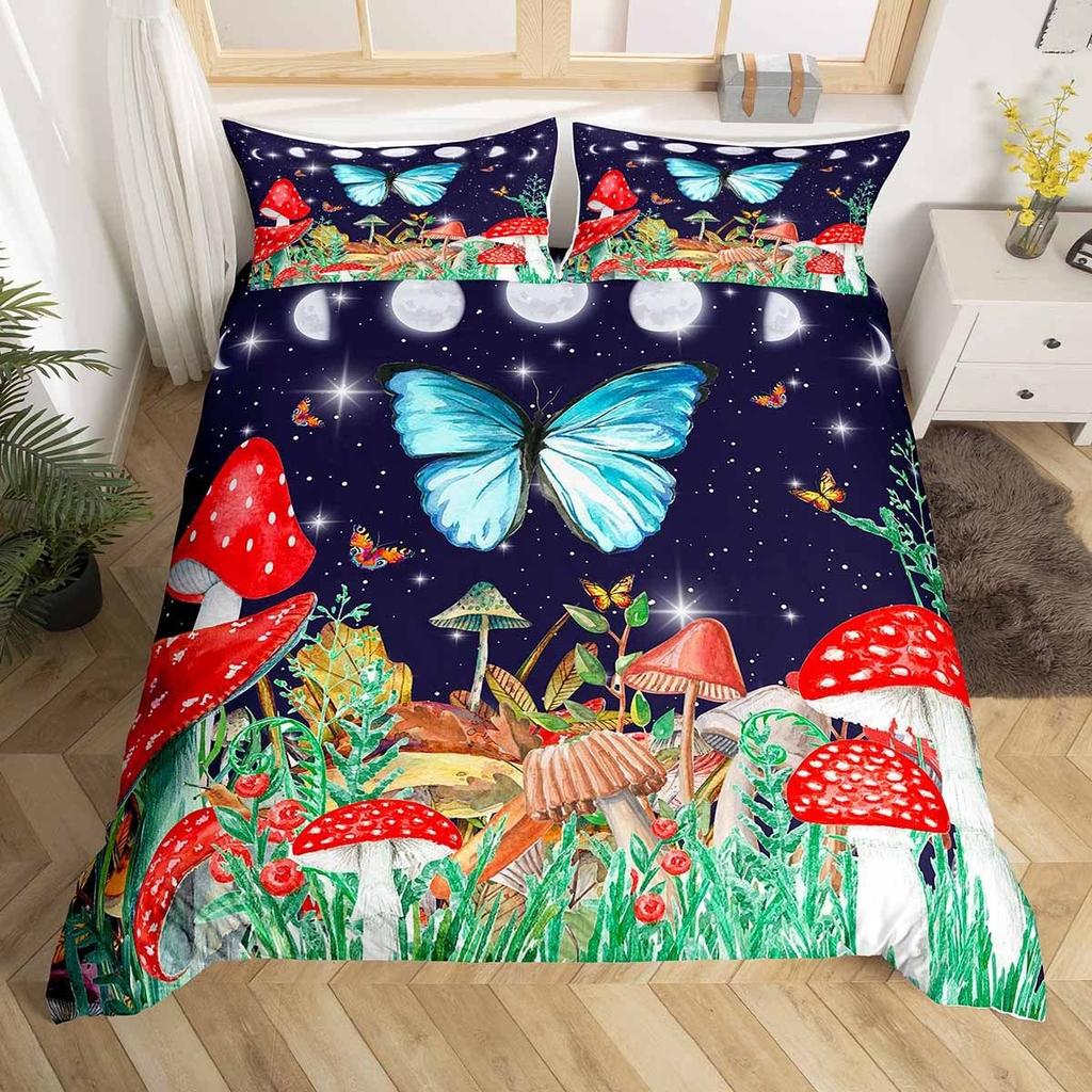 Glitter Starry Sky Galaxy Duvet Cover Mushroom Butterfly Quilt Cover Microfiber Star Moon Palm Leaves Flowers Queen Bedding Set