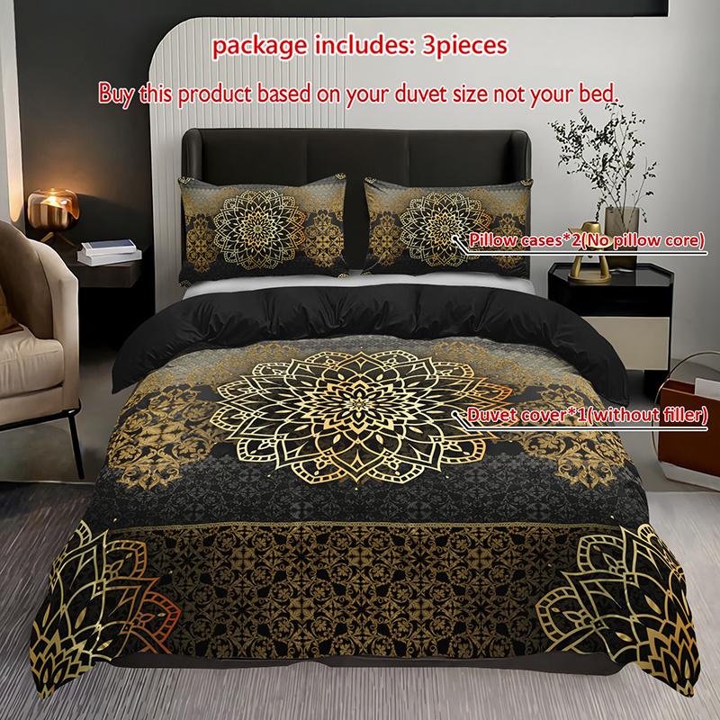 

3Pcs Mandala Luxury Golden Black Bedding Duvet Cover Set Bohemian Bedding Quilt Set Mandala Themed Bed Quilt Set Black Golden Duvet Cover Set&EU Single(135x200cm)