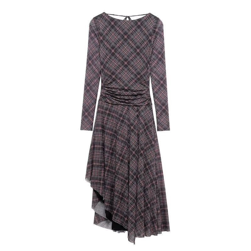 

Kaslead New Arrival Women s Clothing Fashion Style Fashion Ruched Silk Net round-Neck Long-Sleeved Dress 5039284 Picture Color L