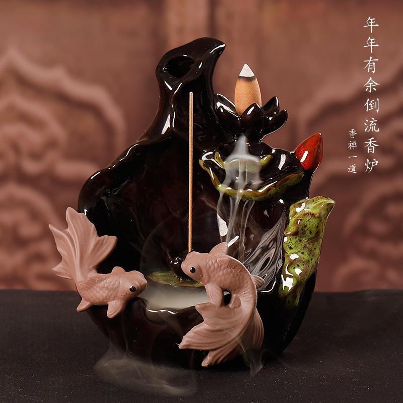 

Lotus Pond Backflow Incense Burner Fish Smoke Waterfall Censer Ceramic Incense Stick Holder Gift Ornaments Creative Home Decor коричневий