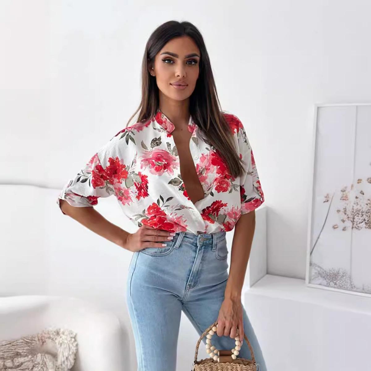 

Spring Summer Women s European American Style Printed Single Breasted Half Sleeve Shirt Casual Blouse Top S
