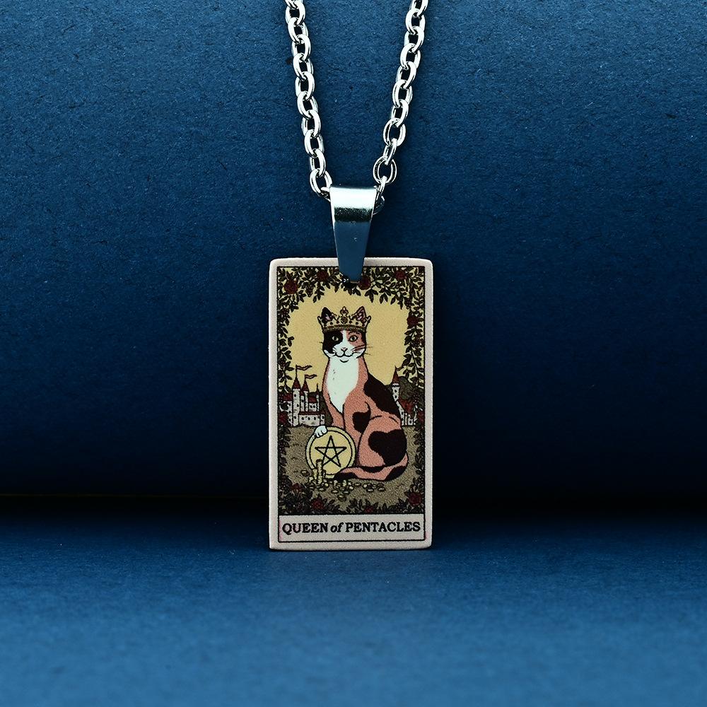 Stainless Steel Cat Tarot Card Necklace for Men Women Animal Divination Jewelry Accessory