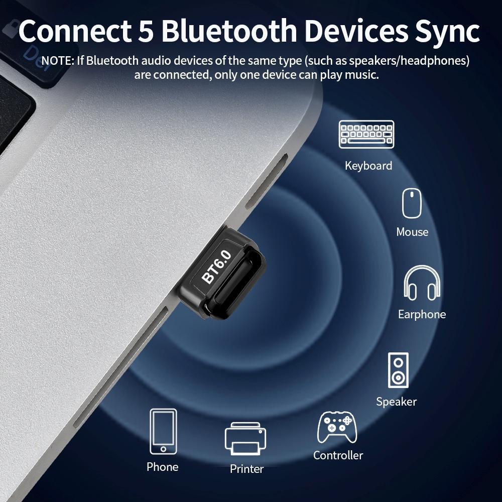 USB Bluetooth 6.0 Adapter Wireless Audio Receiver Transmitter Bluetooth 6.0 Dongle for PC Laptop Keyboard Mouse Headphone Speak