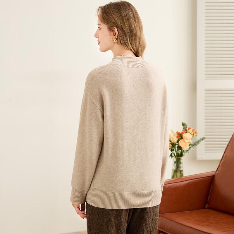 TUHUANG Women's 100% Merino Wool Cable Knit Semi-High Neck Pullover Sweater