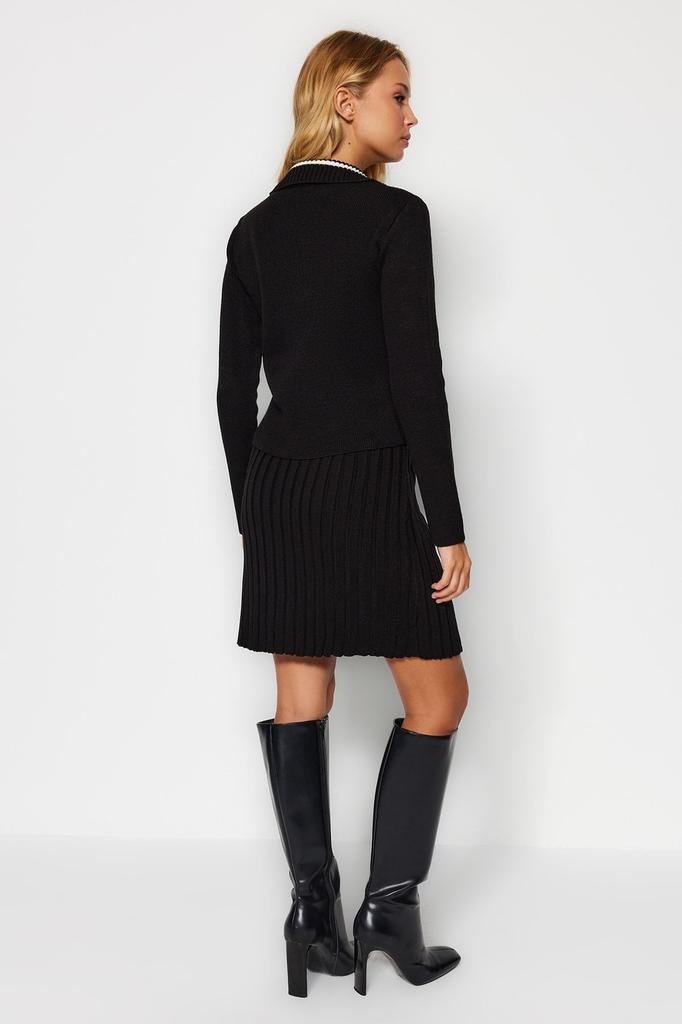 Women's Style Bottom-Top Set Clothes Black Crop Pocket Detailed Mini Skirt Knitwear Bottom-Top Set