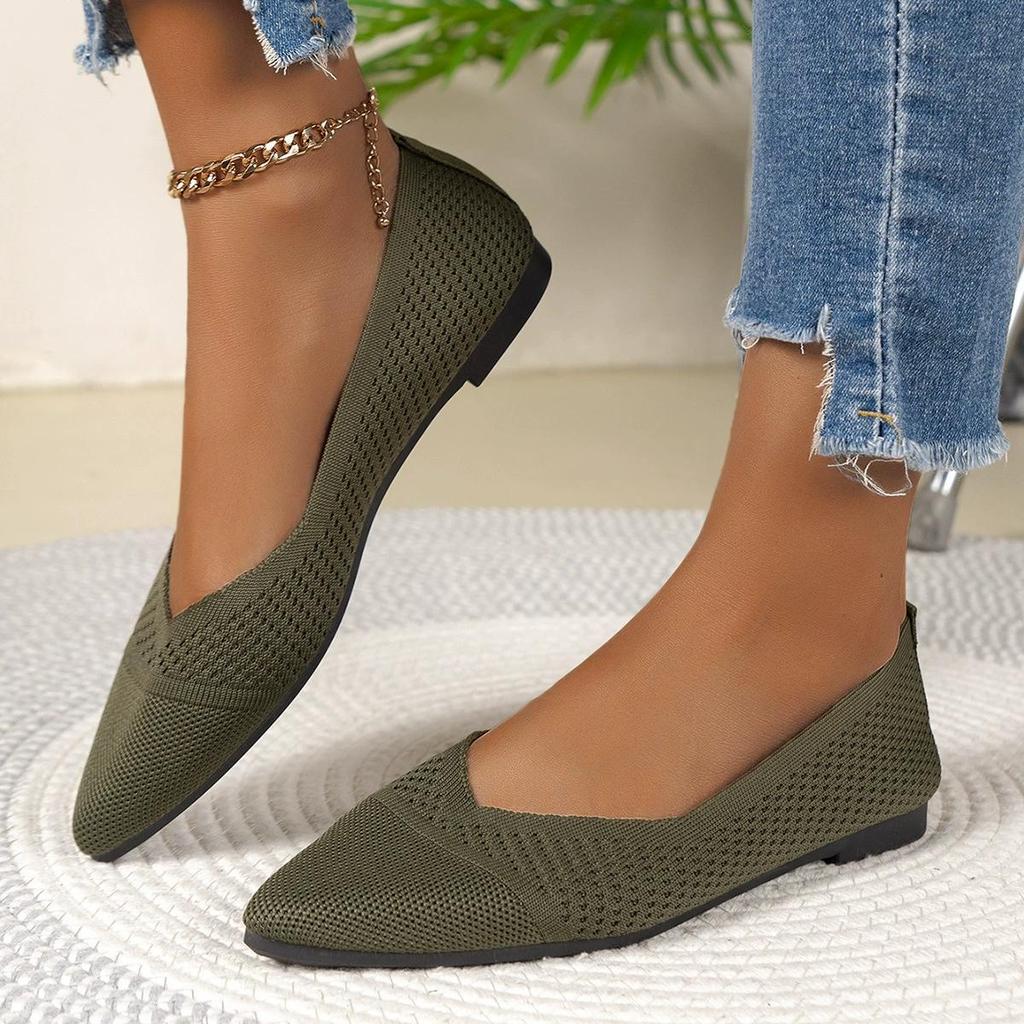 Women's Fashion Flat Shoes Casual Pointed Toe Knit Flats Breathable & Comfort Slip-On Ballet Shoes