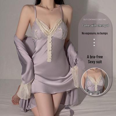 Guiruo Ice Silk Backless Nightgown with Bra Pads & Spaghetti Straps - Pure Desire Women's Home Wear Set