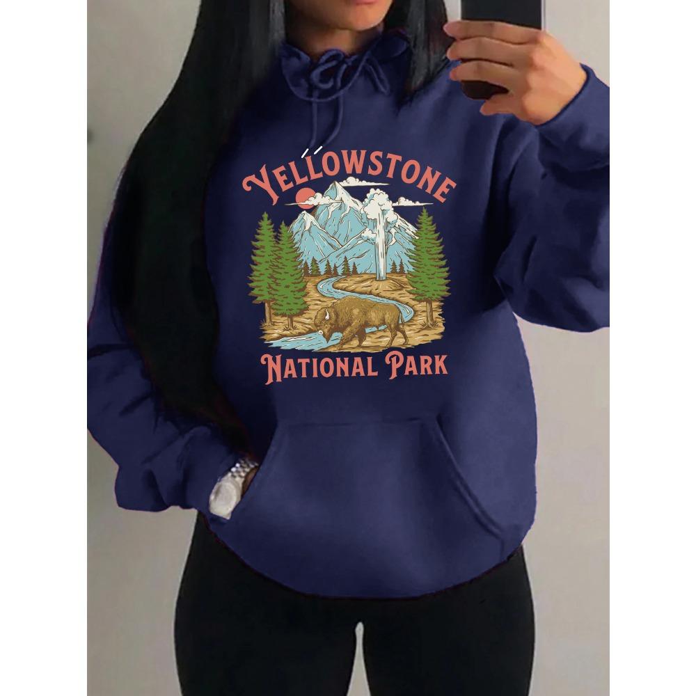 Yellow Stone National Park Printing  Hoodies Women Fleece All-Match Streetwear Y2K Pocket Hoody Autumn Casual Woman Clothing