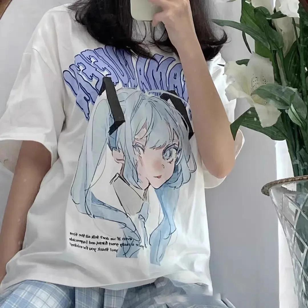 

Женская летняя хлопковая футболка MIKU Kawaii Красивая Милая Графическая Футболка Y2K Короткий Рукав Японская Харадзюку Девушка Аниме Футболка S