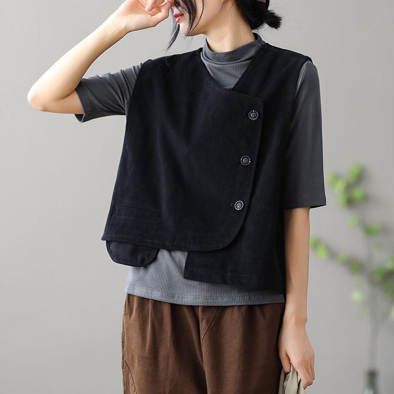 

Vests Women Retro Basic Pure Minimalist Daily Streetwear Leisure Korean Style All-match Asymmetrical Spring Summer Pockets Female XXL чорний