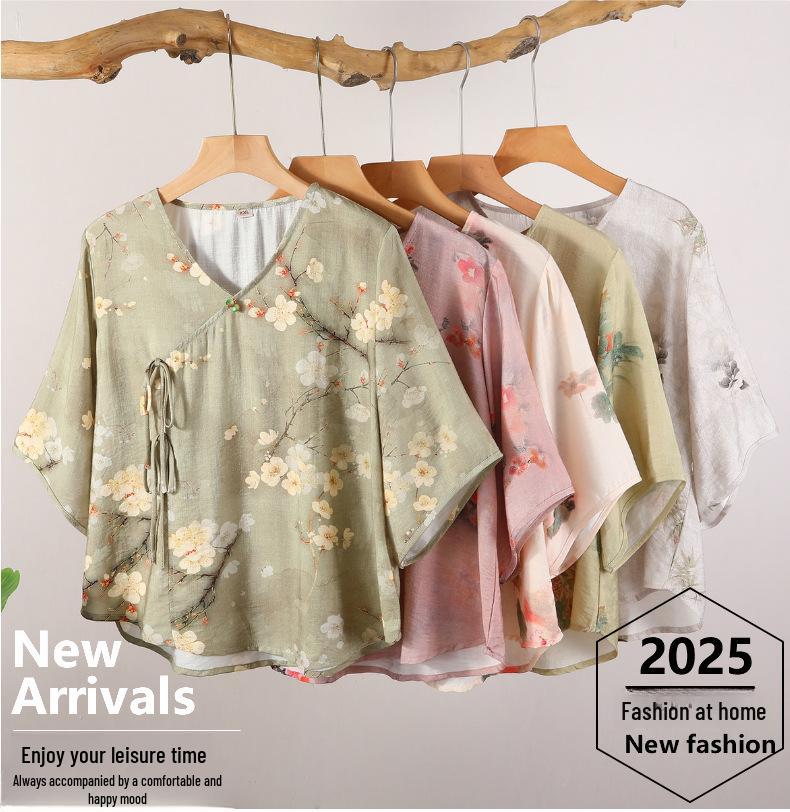 Chinese Style Tencel Cotton Short-Sleeved Top: Soft, Comfortable, and Breathable Pajamas for Middle-Aged and Elderly Women