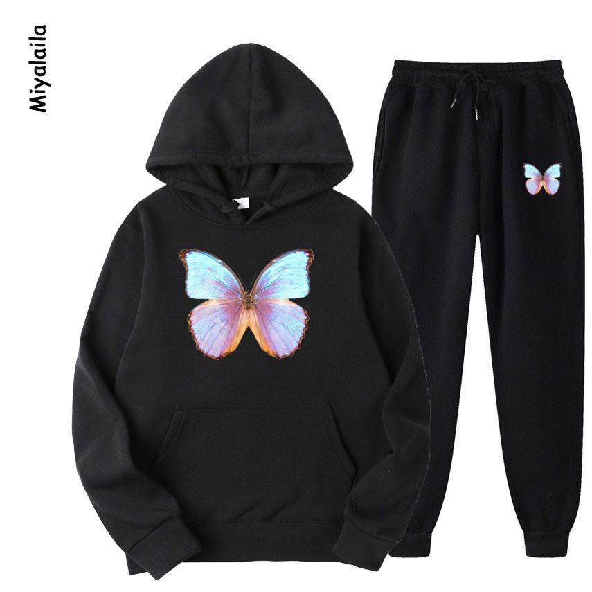 

Женские модные спортивные костюмы с принтом бабочек, комплект из 2 предметов, спортивные флисовые толстовки с капюшоном, брюки, спортивная одежда для бега, большие размеры S-3XL