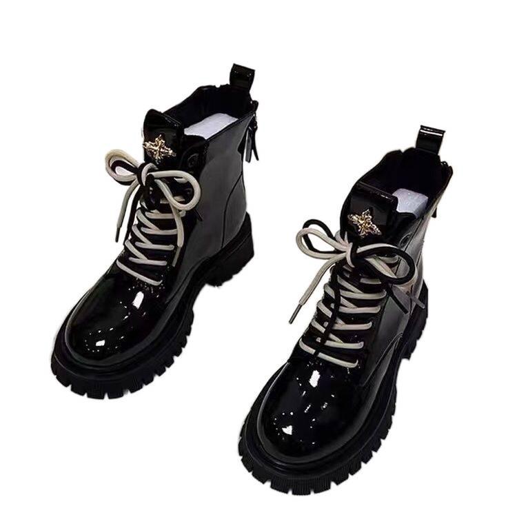 Damen Europäischer Stil Echtes Weiches Leder Martin Stiefeletten - Herbst/Winter Mode, Mittelhoch, Dicke Sohle, Britischer Stil.