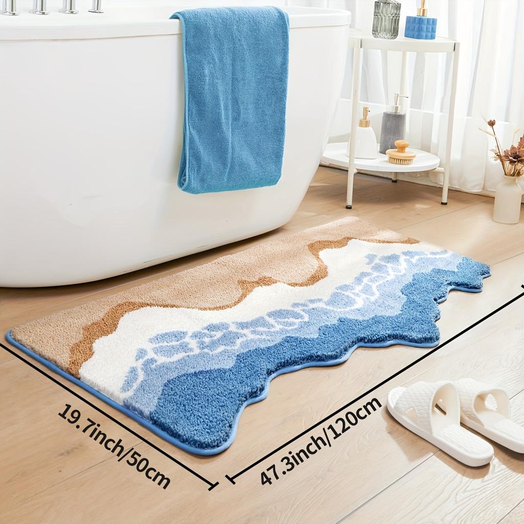 1pc Dajang Plush Bath Mat - Non-Slip, Absorbent, Machine Washable Polyester Bath Mat with Ocean Wave Design, Blue & White,Perfect for Bathroom,Toilet