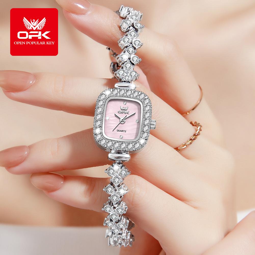 OPK 6058 Full Diamond Square Quartz Woman Watch Luxury Elegant Bracelet Wristwatch For Women 30M Waterproof Ladies Dress Watches