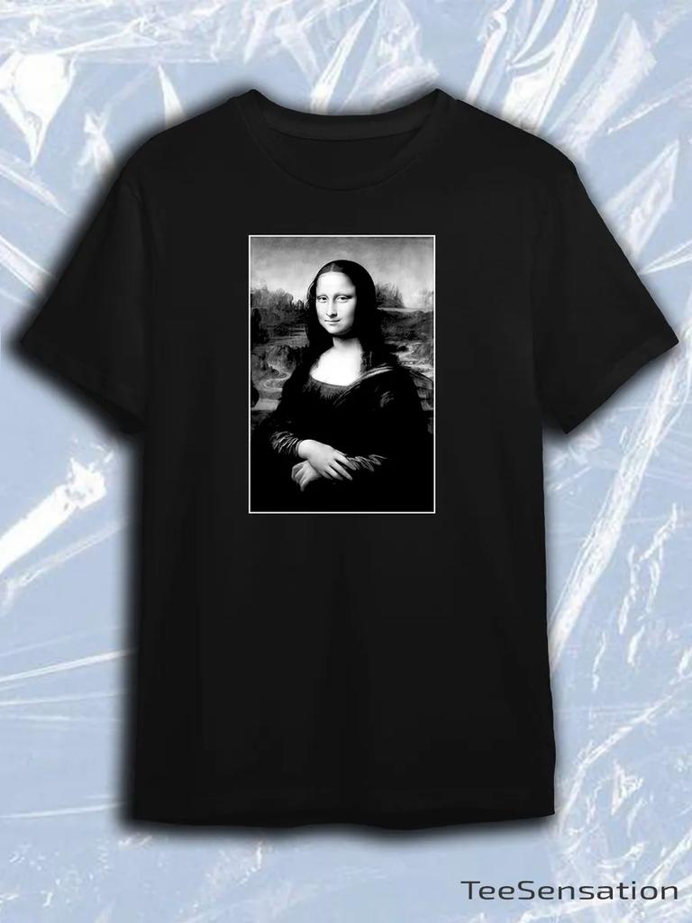 TeeSensation Black Crew Neck Short Sleeve T-Shirt with Black White Mona Lisa Painting Print