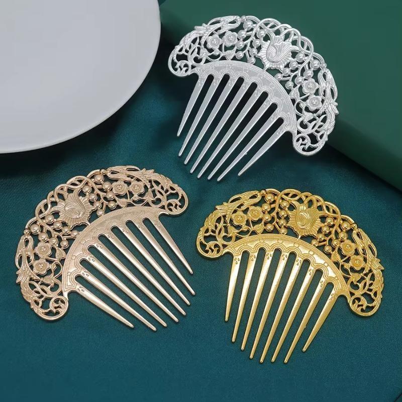 New Chinese Hairpin Retro Hair Comb Hanfu Dish Hairpin Hair Ornament Hollow Carved Comb Gold Ornament Metal Comb
