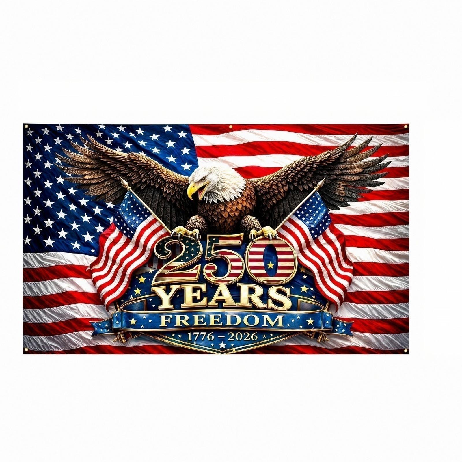 250 Years Freedom Commemorative Banner 213x488cm Large Patriotic American Flag Background with Eagle and Stars for Celebration Events One Size