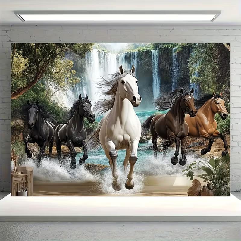 2D Galloping Horses Waterfall Tapestry Nature Landscape Backdrop Cloth for Bedroom