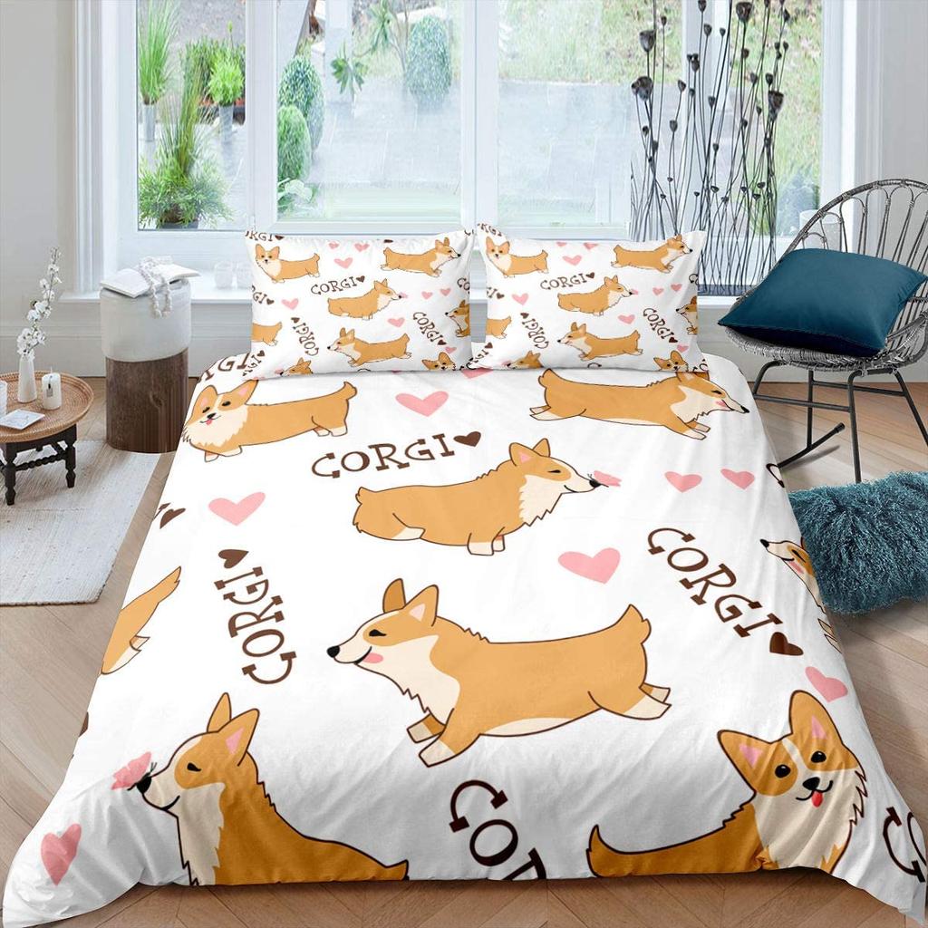 Juego de Funda Nórdica Corgi Tamaño King Queen Poliéster Funda de Edredón Para Niños Niños Niñas Juego de Cama con Funda de Almohada Perro Lindo Kawaii