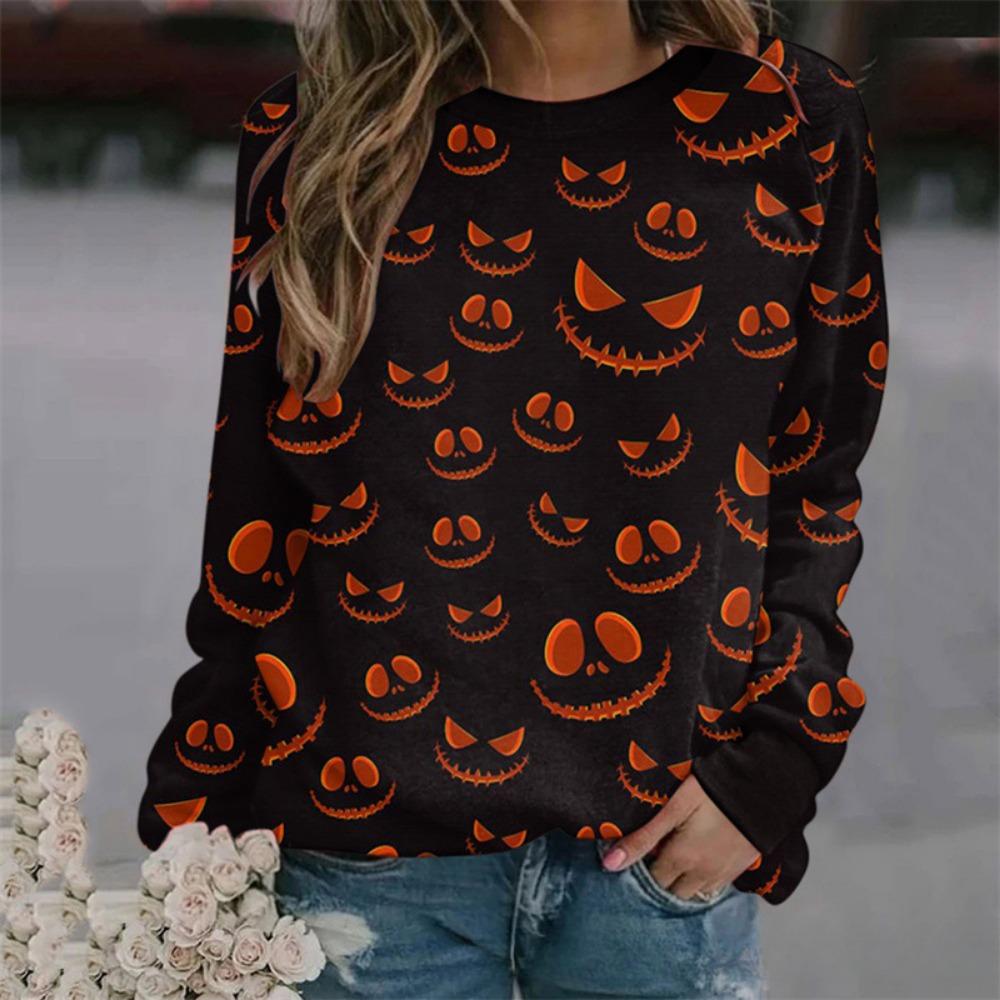 Fashionable 3D digital printed Halloween ghost pattern women's round neck long sleeved T-shirt