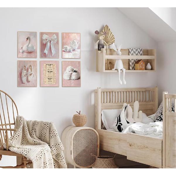 6Pcs Pink Vintage Swan Nursery Wall Art Ballerina Shoes and Bow Painting Picture Wall Decor Retro Tickets and Coffee Cups Preppy Posters Prints