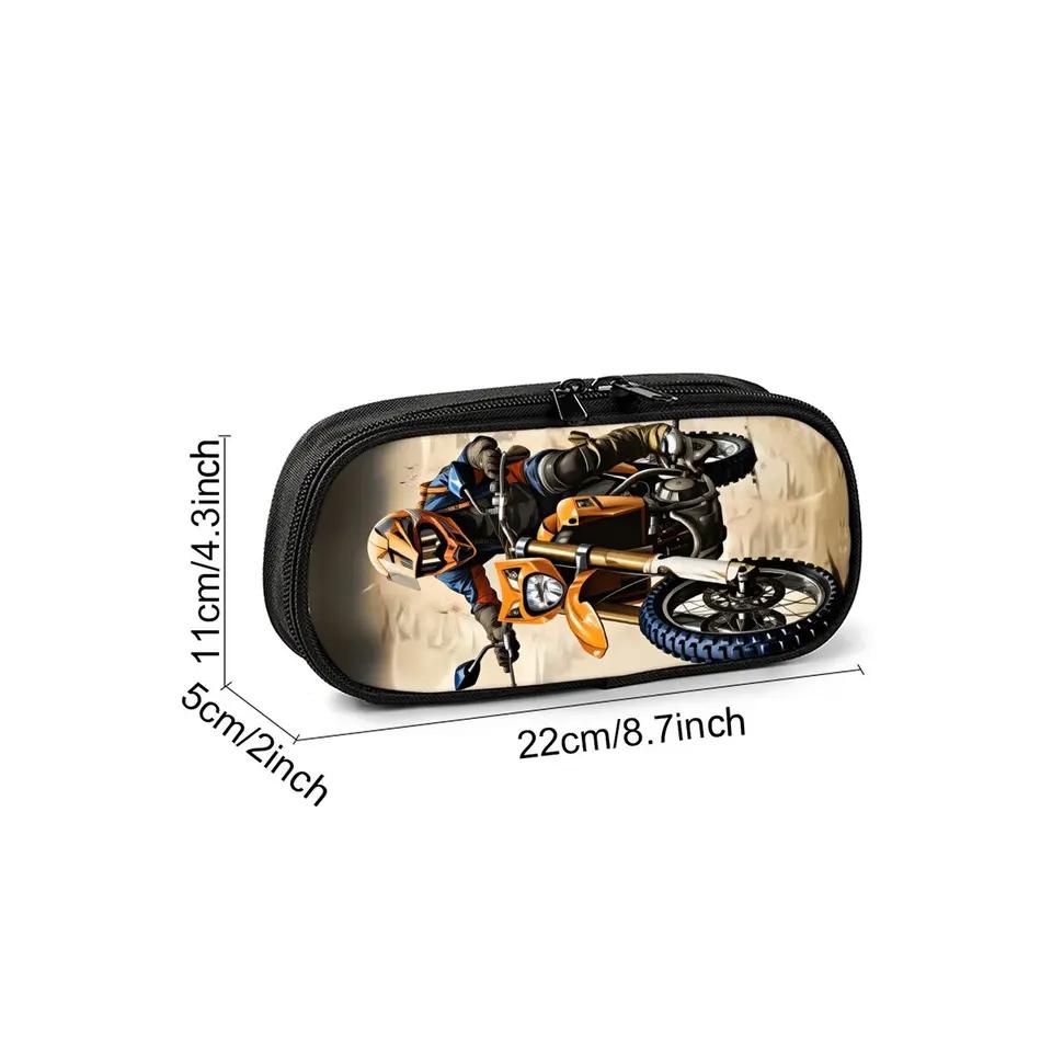 Hot Sales Cool Motorcycle Print Layered Fabric Pencil Case Quality 3D Cartoon Pen Bag Best Gift Boys/Girls School & Office Use